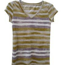 ANN TAYLOR LOFT Top Women&#39;s XS Striped Purple Celery T-Shirt Knit Cap Sl... - £14.59 GBP