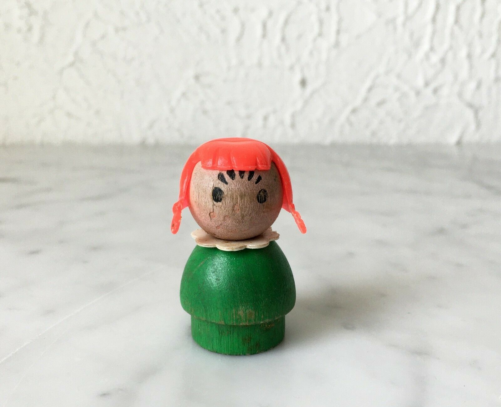 Vintage Fisher Price Little People-Little Girl Red Hair Pigtails Green Wood Body - $9.45