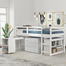 Low Study Twin Loft Bed with Cabinet and Rolling Portable Desk - White - £474.84 GBP