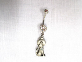 Ejc Howling Wolf Full Moon Night Engraved Pewter Charm 14G Clear Cz Belly Ring - £9.33 GBP