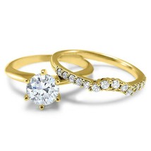 14k Yellow Gold Over Curved 1.00ct Diamond Wedding Band Solitaire Ring Set - £70.62 GBP