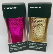 Two Starbucks 2022 Metallic Gold + Sangria Pink Cold Cup Ornament Key Chain - $18.81