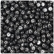 BeadTin Black Opaque 7mm Coin Plastic Alphabet Beads - White Letter "U" ... - $2.09