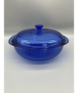 Vintage PYREX Cobalt Blue Ribbed Glass 2 QT Casserole Dish & Lid 024S & 624C EUC - $21.45