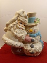 Hand Painted Ceramic Santa &amp; Snowman Hugging Antiqued &amp; Pastels Figurine RARE - £33.23 GBP