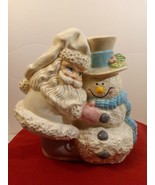 Hand Painted Ceramic Santa &amp; Snowman Hugging Antiqued &amp; Pastels Figurine... - £32.58 GBP