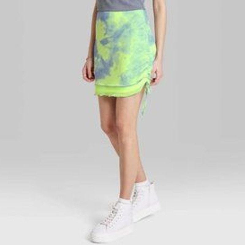 Wild Fable Ruched Side Mesh Green Tie Dye Mini Skirt XS NEW - $16.00
