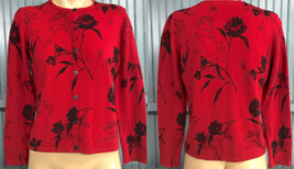 Nina Leonard Lambs Wool Blend Red Floral Medium Sweater Vintage AS IS - $21.94