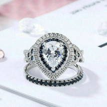 5Ct Pear Cut White &amp; Black Diamond  14k Gold Finish Wedding Bridal Ring Set - £118.26 GBP