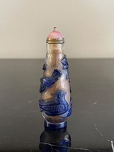 Vintage Chinese Glass Snuff Bottle with Blue Overlay Birds and Brach Decoration - £77.19 GBP