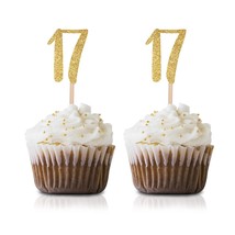 Gold Happy 17Th Birthday Cupcake Topper, 24-Pack Number 17 Glitter Birth... - $18.99