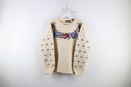 Vintage 90s Country Primitive Womens Medium Distressed Wool Knit Flower Sweater - £43.02 GBP