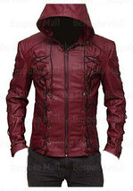 New Men&#39;s Red Hooded Eyelets Real Cowhide Leather Jacket Brando Style-41 - £143.69 GBP+