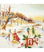 Cheerful Christmas 1910s Greeting Postcard Embossed Ice Skating Pond PCBG6B - $467.16 MXN