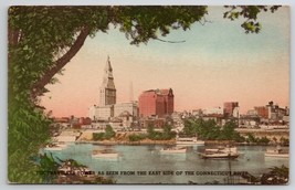 Hartford CT The Travelers Tower From East Side River Hand Colored Postcard P22 - £6.25 GBP
