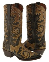 Womens Western Cowboy Boots Brown Studded Overlay Light Brown Stitched S... - £86.34 GBP