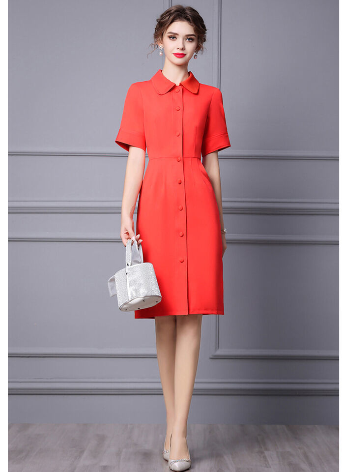 Celeb Amal Clooney Inspired Shirt Collar Scarlet Shirt Sheath Midi Dress in Red Item image 3