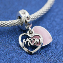 Mother&#39;s Day Release 925 Sterling Silver Mom Script Heart Dangle Charm  - £13.52 GBP