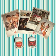All Vintage 2 Coca Cola Thimbles and 4 Advertising Prints - $54.45