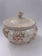 Vintage Covered Candy Dish with Lid Pearl Gold Trim w/Pink Roses Footed  - $49.49