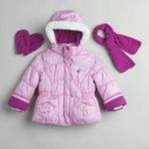 Girls Jacket Winter Pink Hooded Zeroxposur Snow Mittens Scarf Set $60- 12 months - £27.69 GBP