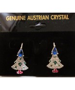 Christmas Tree Pierced Earrings Rhinestone Crystal Green Blue Silver Tone - $24.61 CAD