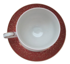 Mikasa Parchment Red Cup and Saucer Set HolidayFine China Band Gold Trim Scrolls - $14.50