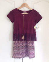 New Speechless Girl Boho Fringe Brown Burgundy Chevron Crochet Lined Dress 12 - £19.83 GBP