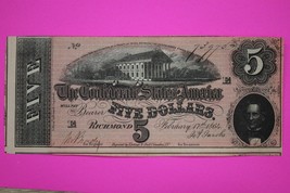 Crisp AU/UNC 1864 Confederate States of America $5 Five Dollars Authenti... - $94.99