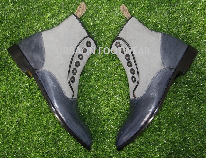 New Mens Handmade Stylish Formal Boot, Grey Suede & Blue Leather Casual Wear
