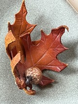 Artist Signed Hand Made Chesnut Colored Leather Oak Leaves w Acorn Pin Brooch – - £9.02 GBP