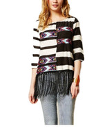 Anthropology floreat embroidery tasseled Fringe Black White top Blouse S... - £22.37 GBP