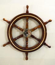 24&quot; Antique Sheesham Wooden Maritime Decor Captains Shipwheel Brass Ring - £66.73 GBP