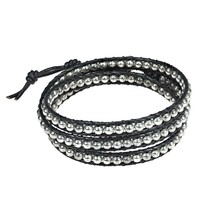 Fun and Trendy Round Silver Beads with Black Genuine Leather Wrap Bracelet - £17.18 GBP