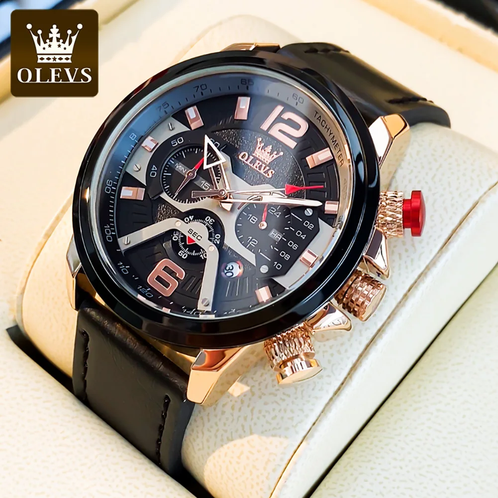 OLEVS Fashion Wristwatch for Man 52mm Large Dial Multifunctional Waterproof Leat - £92.45 GBP