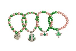 4 Pcs Set Sorority Pink Green Pearl Stretch Silver Charm Bracelet Set - $48.02