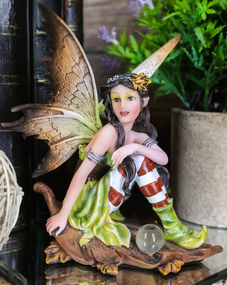 Jolly Christmas Woodlands Elf Fairy With Gazing Ball Sitting On Oak Leaf... - $35.99