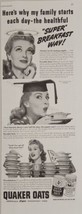 1942 Print Ad Quaker Oats Oatmeal Pretty Lady Enjoys Super Breakfast - $21.72