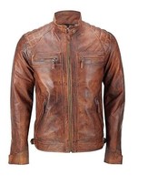 Mens Distressed Brown Classic Diamond Leather Jacket 2019 - £115.45 GBP