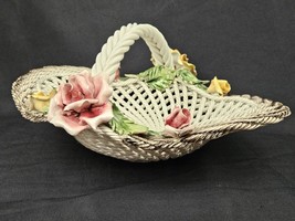 Capodimonte Porcelain Oval Basket Woven Braided Pink Yellow Roses Italy ... - $73.50