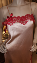 Vtg Victoria&#39;s Secret Sz S Silky Pink Chemise Nightgown Red Lace Trim Bust 32/34 - £19.77 GBP