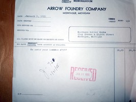 Vintage Arrow foundry Company Montague MI 1955 Credit Memo - $75.84 MXN