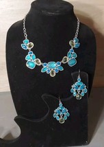 Chunky Necklace Dangle Earrings Blue Fuax Gemstones Jewelry Set Silver O... - $32.53