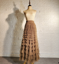 Brown Tiered Tulle Maxi Skirt Outfit Women Custom Plus Size Long Tulle Skirt image 1
