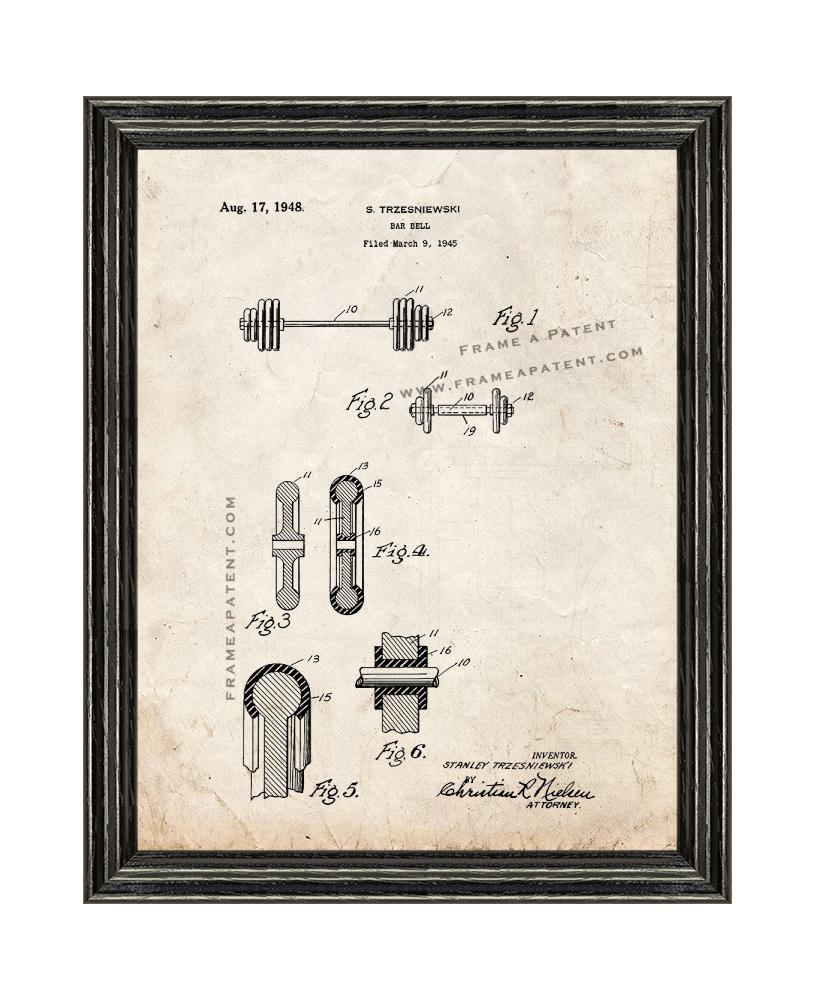 Barbell Patent Print Old Look with Black Wood Frame