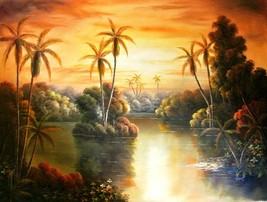 Dauf-&quot;Jungle Sunset&quot;-ORIGINAL Oil Painting/Canvas/Hand Signed 48&quot;x 36&quot; Image - £170.64 GBP