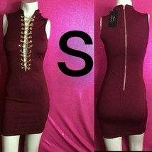 Burgundy Gold Chain Designer Bodycon Dress   Size S - £22.83 GBP