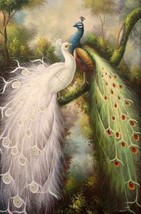 Excellent Oil painting nice birds peacock in spring forest landscape on canvas - £52.30 GBP