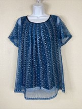 BaiShengGT Womens Size M Blue Metallic Mesh Pleated Blouse Short Sleeve - $11.30