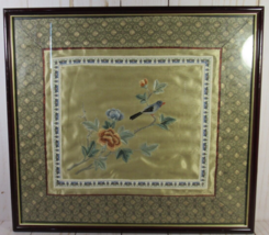 Oriental Silk Square VINTAGE Art Gold &amp; Green Bird &amp; Flowers Framed 13&quot; x 12&quot;. - £23.79 GBP